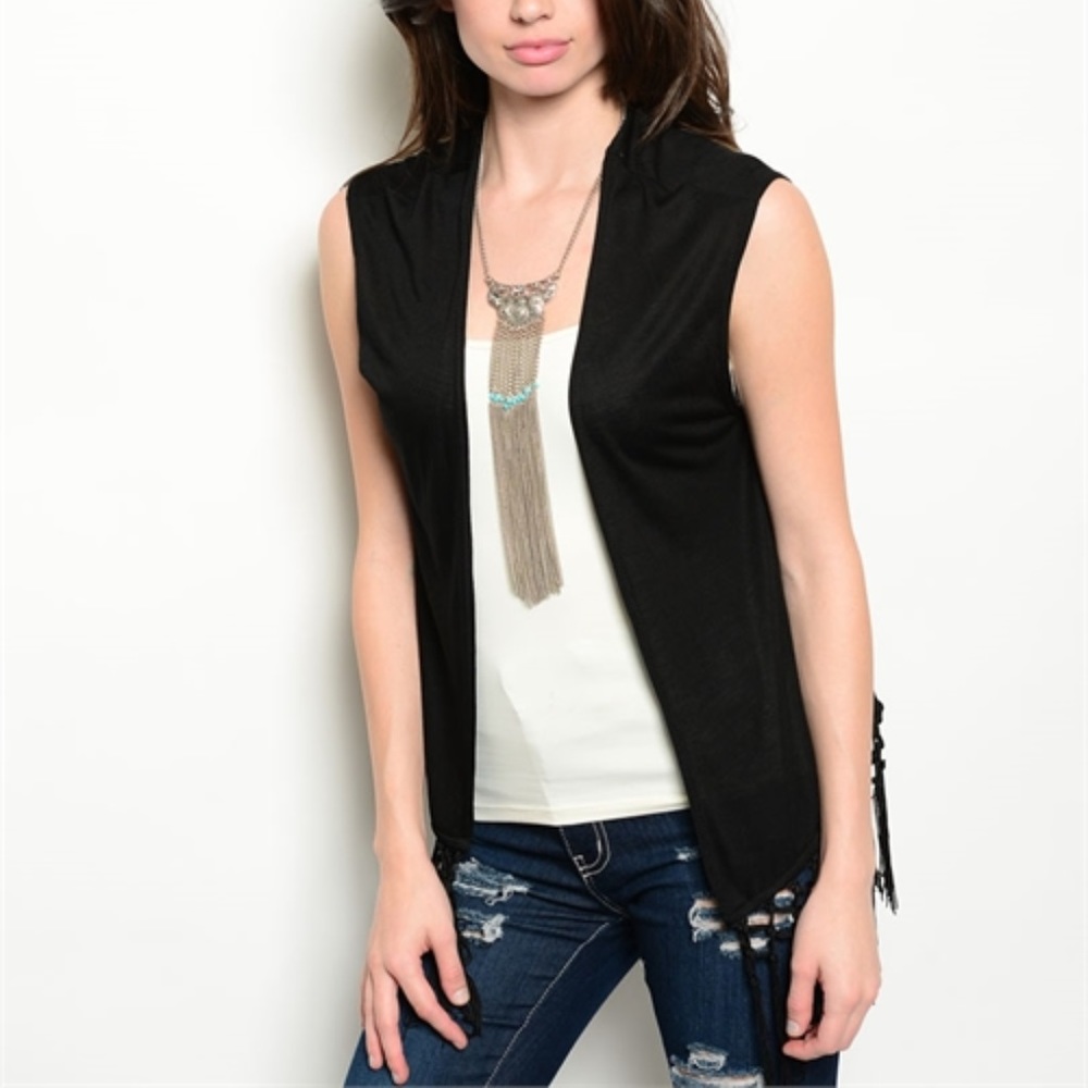 Black Open Front Vest with Fringe